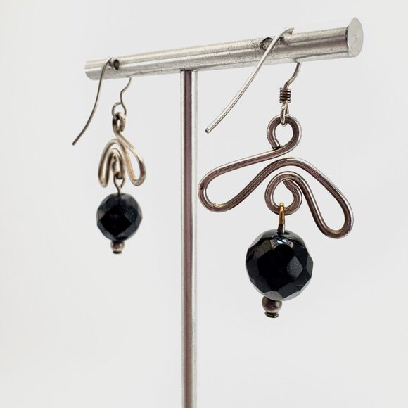 VTG Sterling Silver 925 Black Bead Freeform Dangle Earrings Size 1.5" Length - Picture 4 of 8